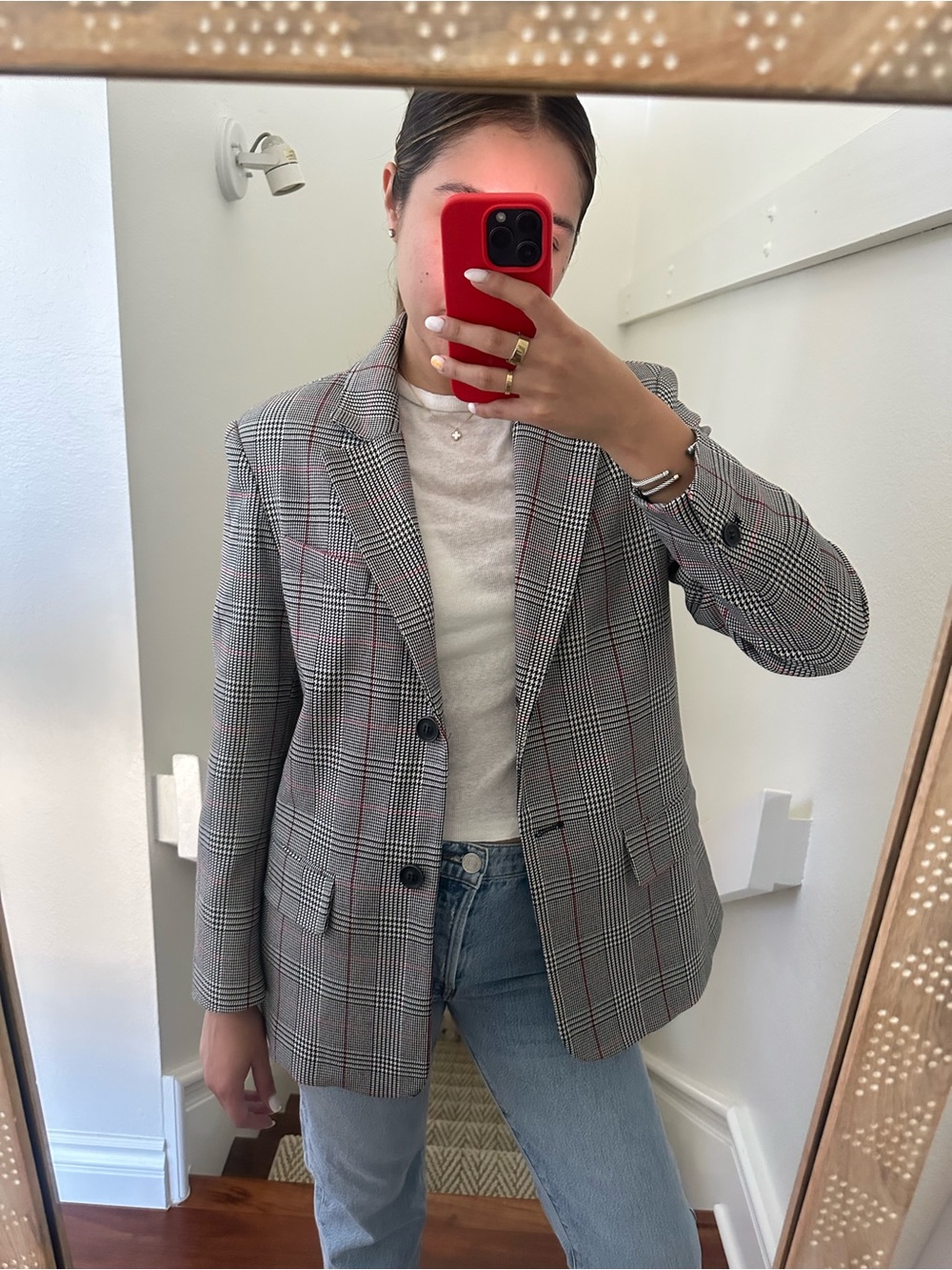 Zara Gray Plaid Blazer with Red Windowpane